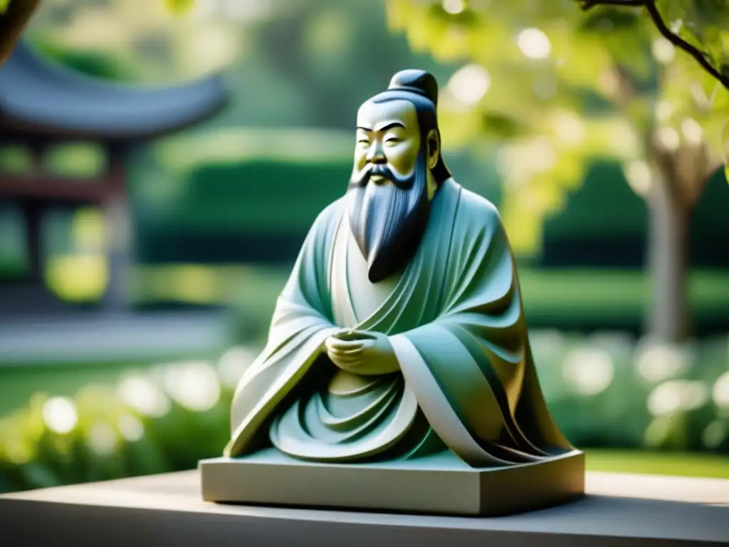 Una escultura moderna y serena de Confucio en un jardín tranquilo, rodeado de exuberante vegetación y suaves rayos de sol