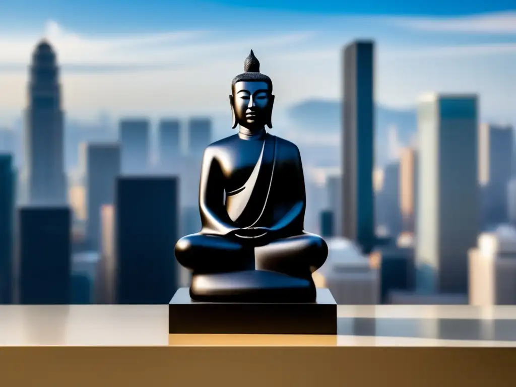 Una escultura moderna de Lao Tse en un entorno urbano, simbolizando la influencia de Lao Tse en la filosofía cultural