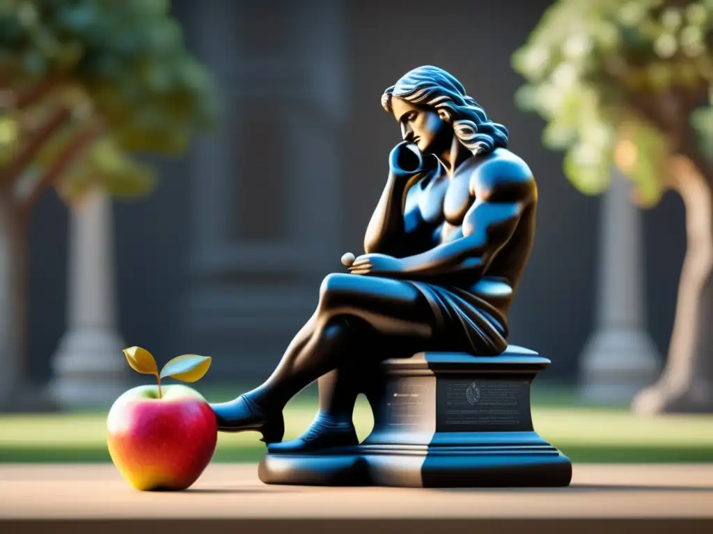 Una escultura de mármol negro representa a Isaac Newton bajo un árbol con una manzana cayendo, capturando su descubrimiento de la Gravitación Universal
