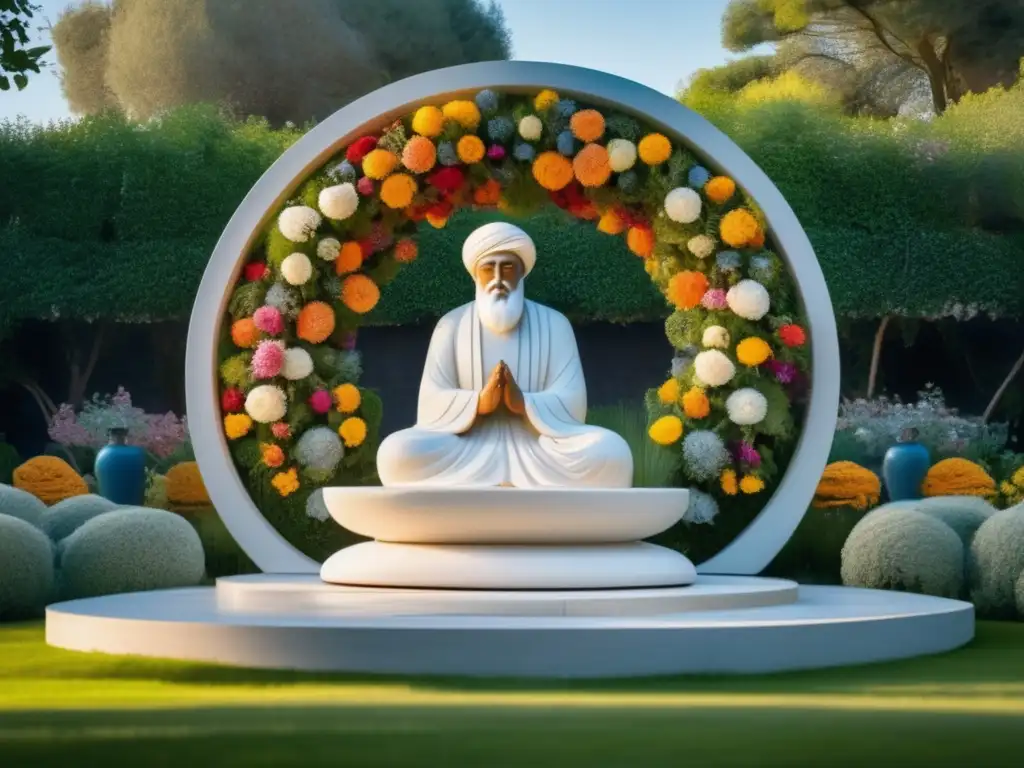 Una escultura de Rumi en mármol rodeada de jardines florecientes, invitando a contemplar el legado espiritual del poeta