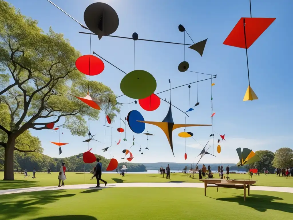 Un espacio abierto con esculturas móviles de Alexander Calder colgando en equilibrio sobre el verde césped, bajo un cielo azul brillante