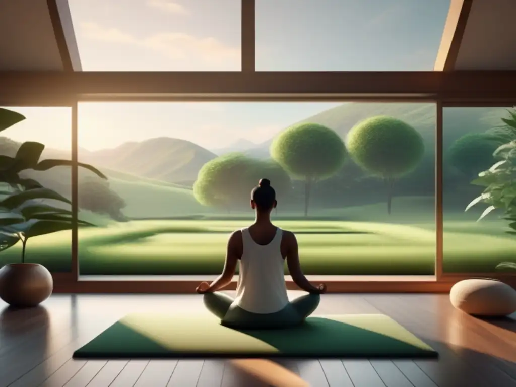 Un espacio de meditación contemporáneo con vistas a la naturaleza, muebles minimalistas y una paleta de colores relajante