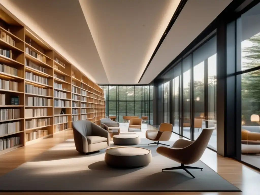 Un espacio de lectura moderno en una biblioteca minimalista, iluminado por luz natural