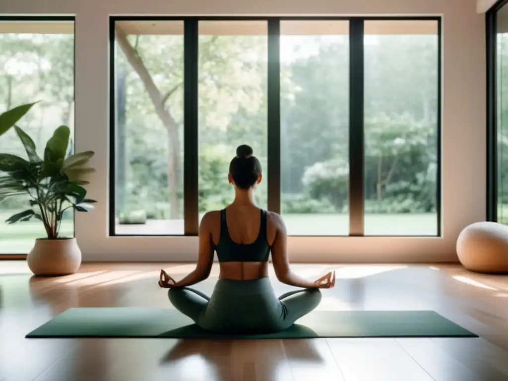 Un espacio moderno de meditación con ventanales que dan a un jardín exuberante