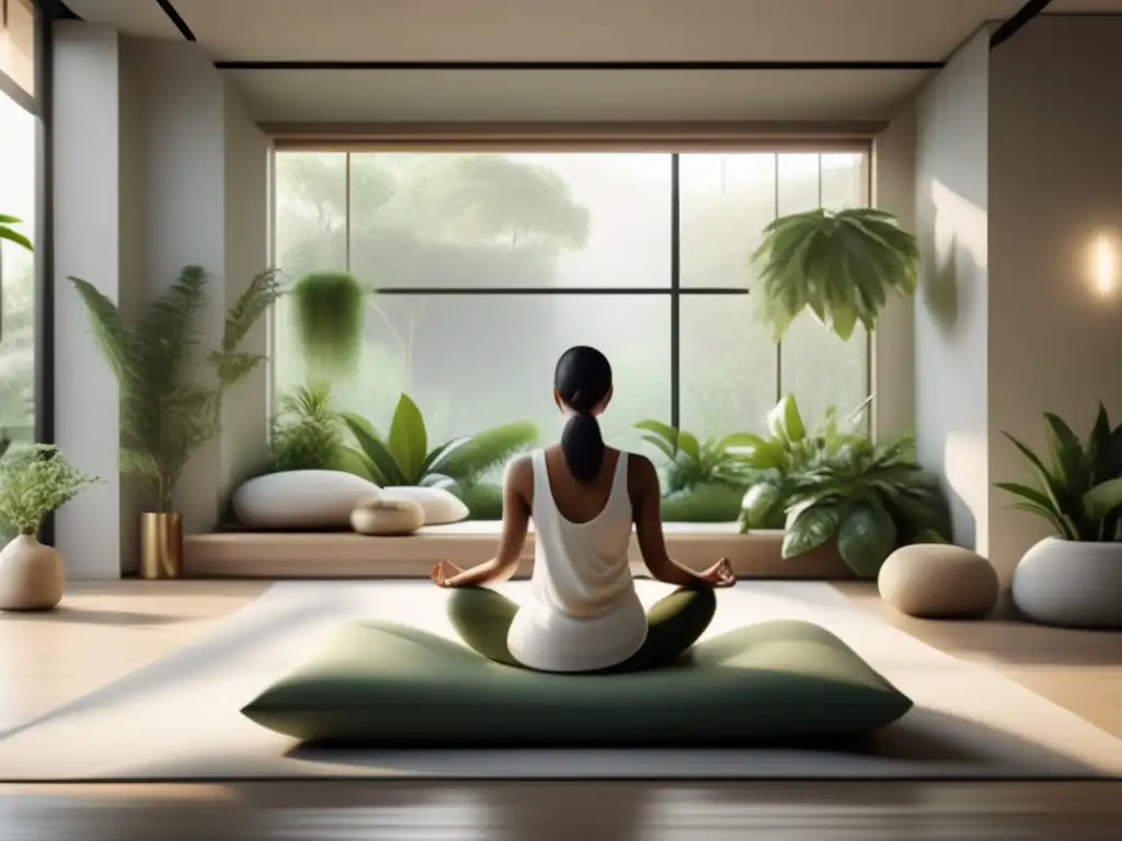 Un espacio de meditación moderno y sereno con luz natural y decoración minimalista