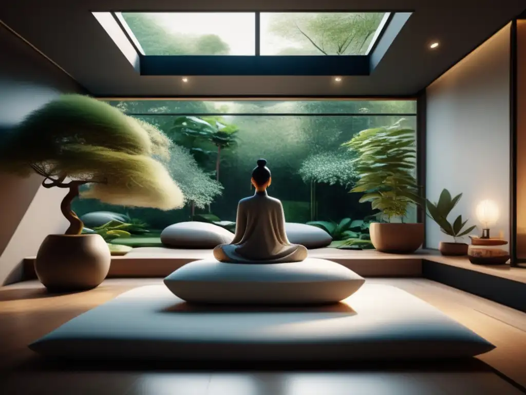 Un espacio de meditación moderno y sereno con vista a un exuberante jardín