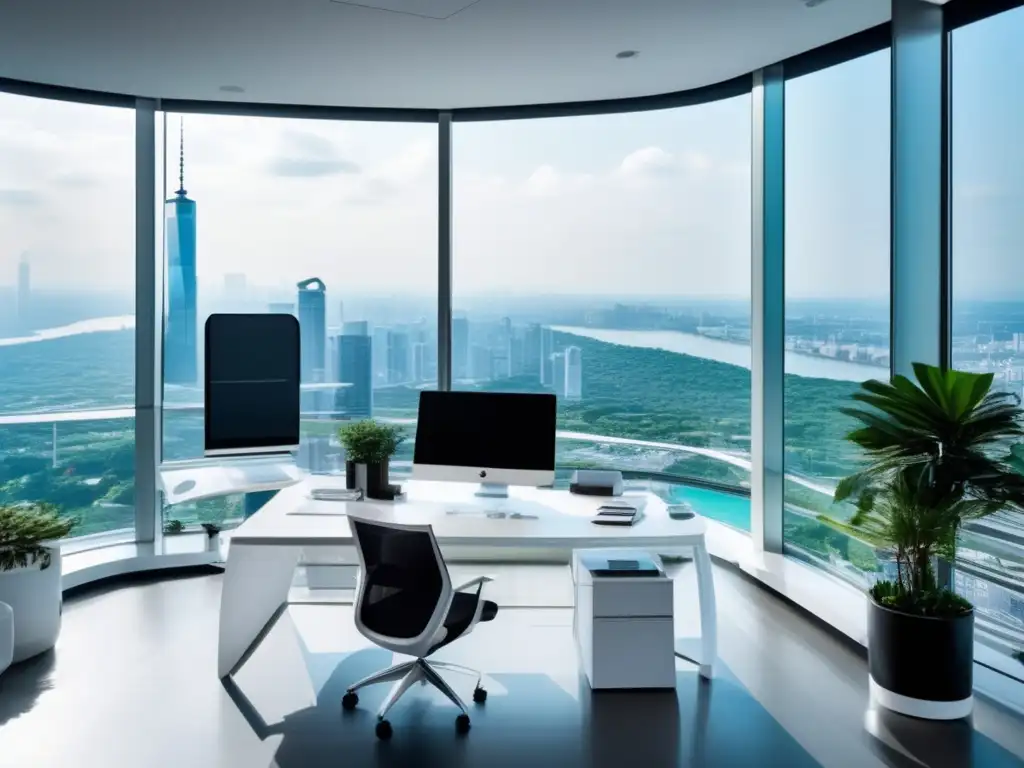 Un espacio de oficina moderno y elegante con una vista panorámica de la bulliciosa ciudad