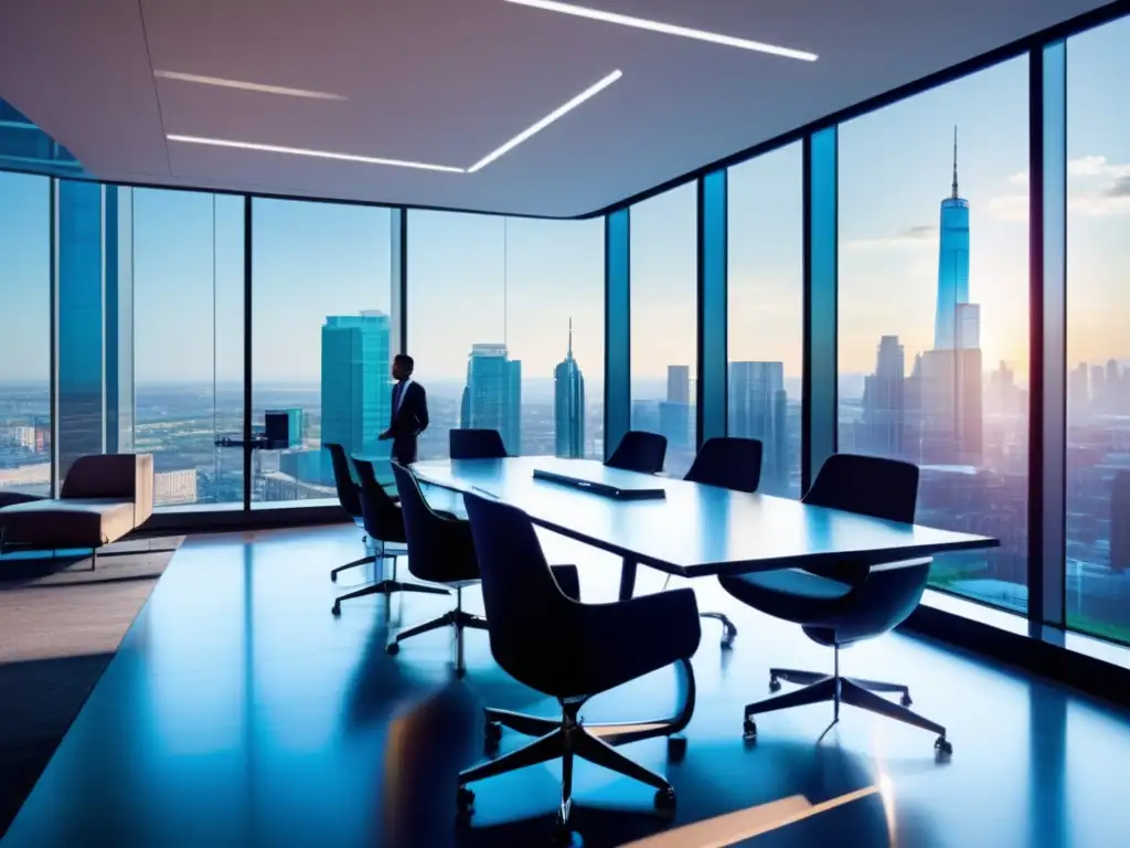 Un espacio de oficina moderno y elegante con tecnología futurista y una vibrante atmósfera de colaboración