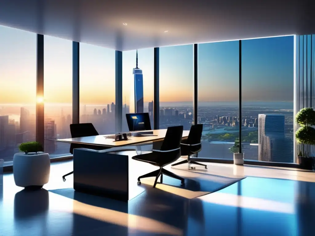 Un espacio de oficina moderno con ventanas de piso a techo que ofrecen vistas a la bulliciosa ciudad