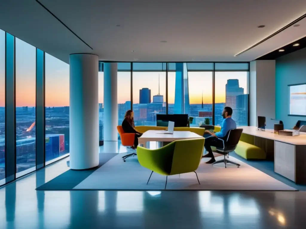 Un espacio de oficina moderno con vistas a la ciudad, bañado por luz natural