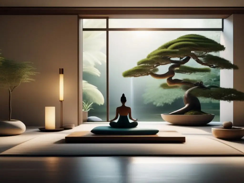 Un espacio de meditación sereno y minimalista con luz natural, ventana panorámica, bonsái y figura en profunda meditación