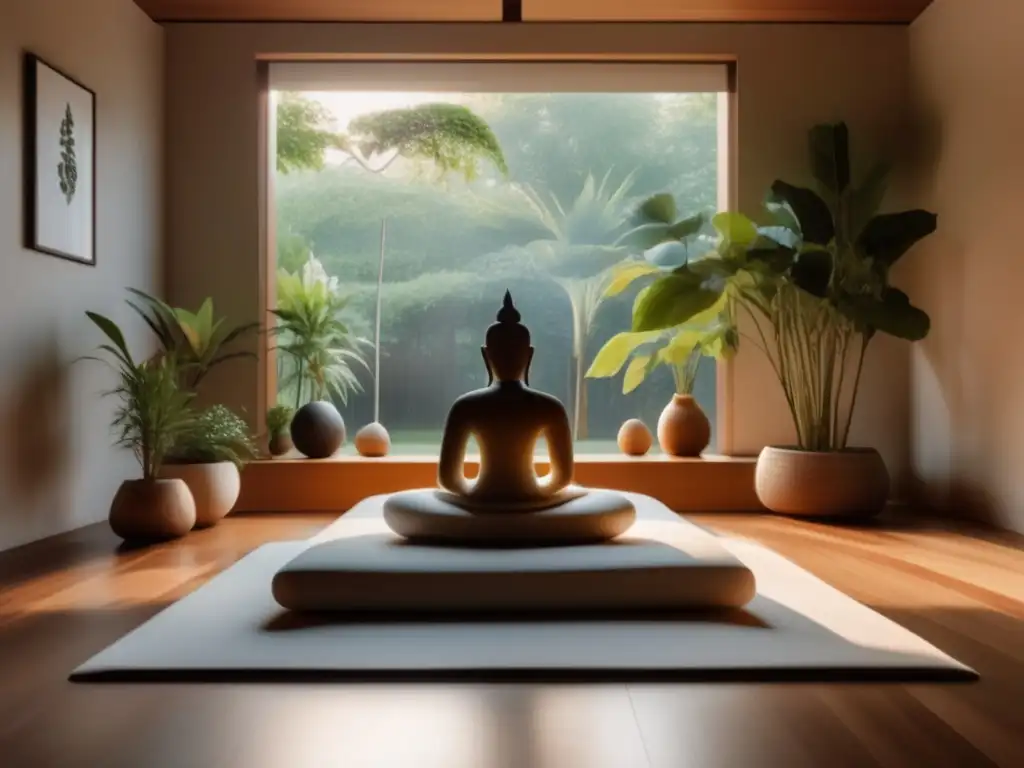 Un espacio de meditación sereno, minimalista, con vista a un jardín tranquilo