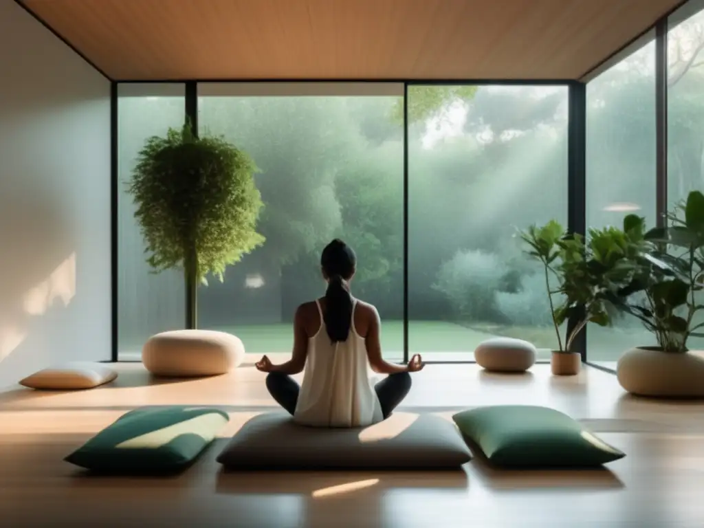 Un espacio de meditación sereno con ventanales, luz natural y decoración minimalista