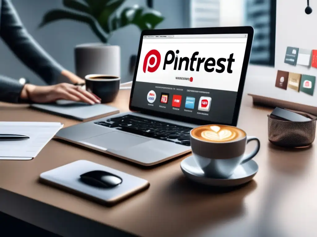Un espacio de trabajo moderno con una computadora mostrando un perfil de Pinterest exitoso y una mano alcanzando una taza de café