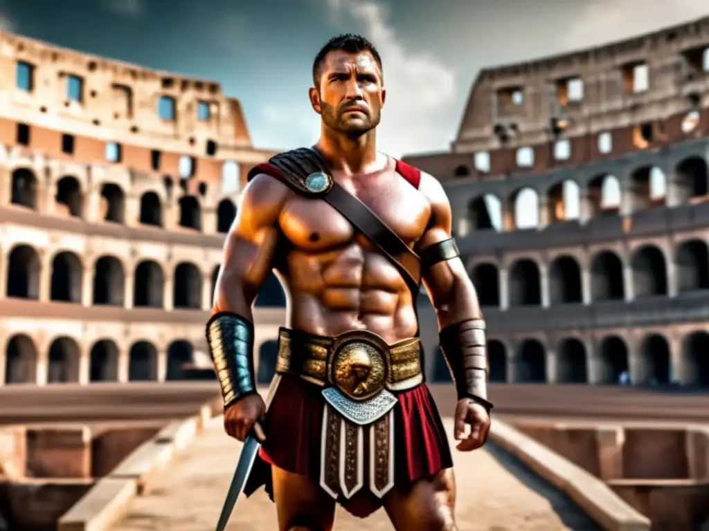 Biografía de Espartaco, líder rebelde romano, desafía el Coliseo con determinación, rodeado de espectadores en tensión