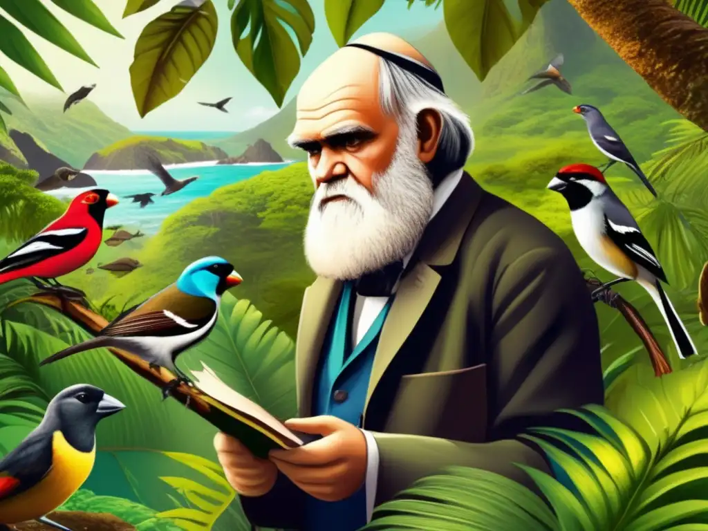 Charles Darwin estudia meticulosamente especies de pinzones en las Islas Galápagos, rodeado de exuberante vegetación y diversa vida silvestre