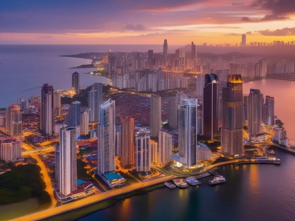 Espectacular atardecer en la Ciudad de Panamá, con el imponente skyline iluminado por el sol poniente