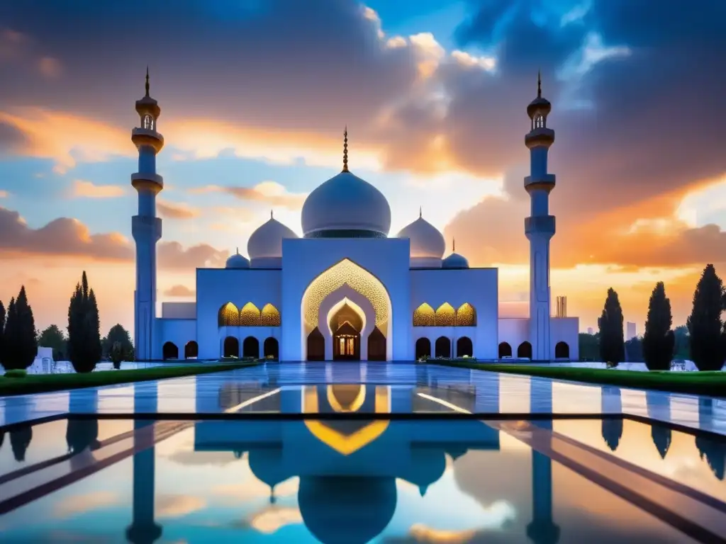 Un espectacular edificio moderno con arquitectura geométrica y una deslumbrante fachada de vidrio, enmarcado por un vibrante cielo lleno de nubes