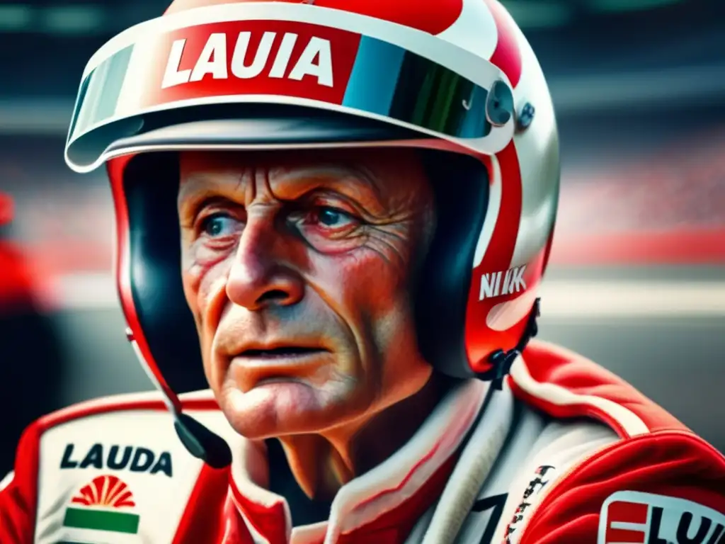 Espectacular imagen de Niki Lauda en su equipo de carreras, mostrando determinación y superación en la pista