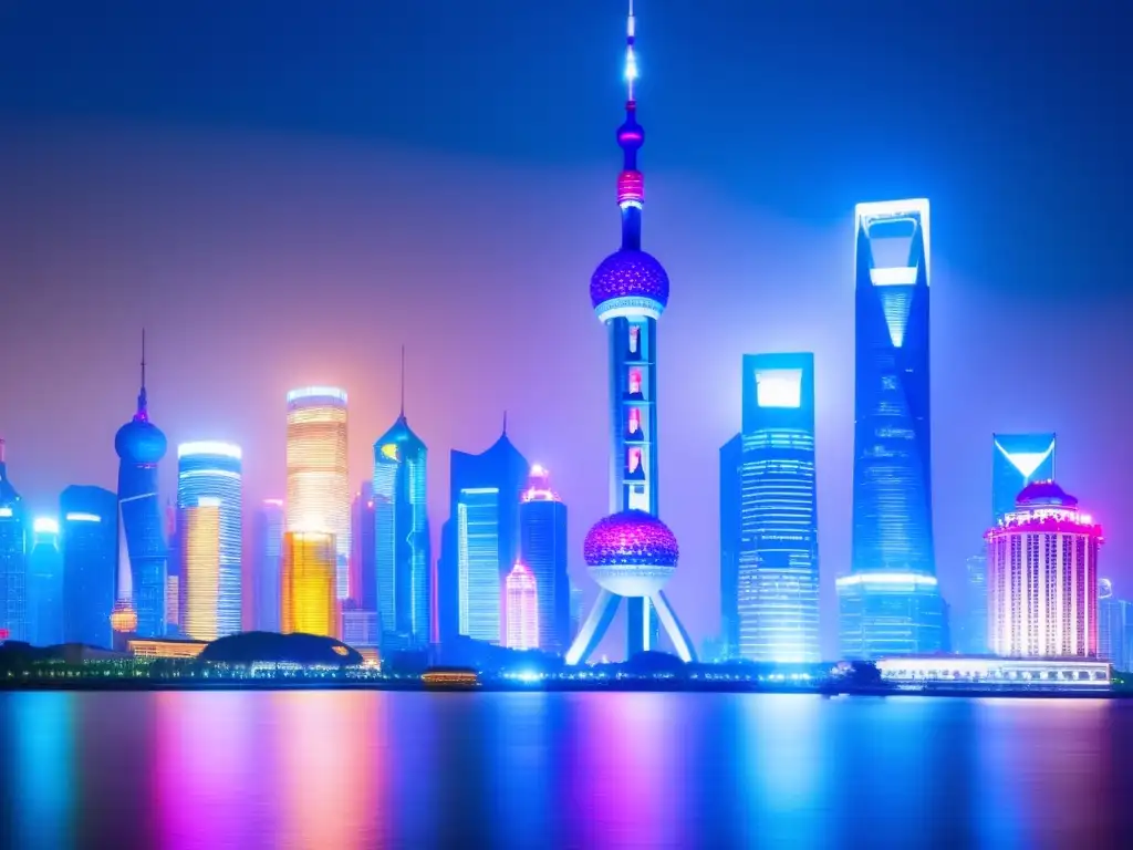 Espectacular panorama nocturno del horizonte de Shanghai, con imponentes rascacielos iluminados en colores vibrantes