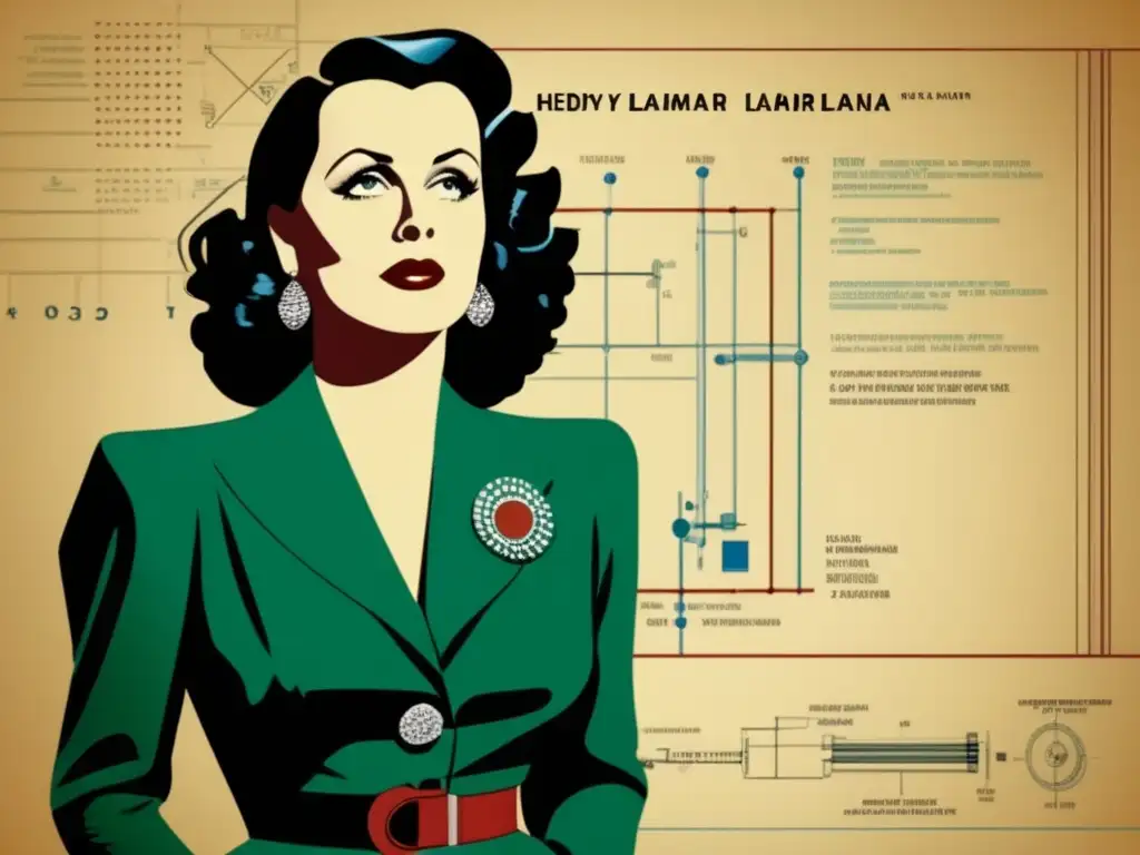 Hedy Lamarr inventora espectro ensanchado, con elegancia y determinación, frente a un plano técnico, en una imagen moderna y detallada