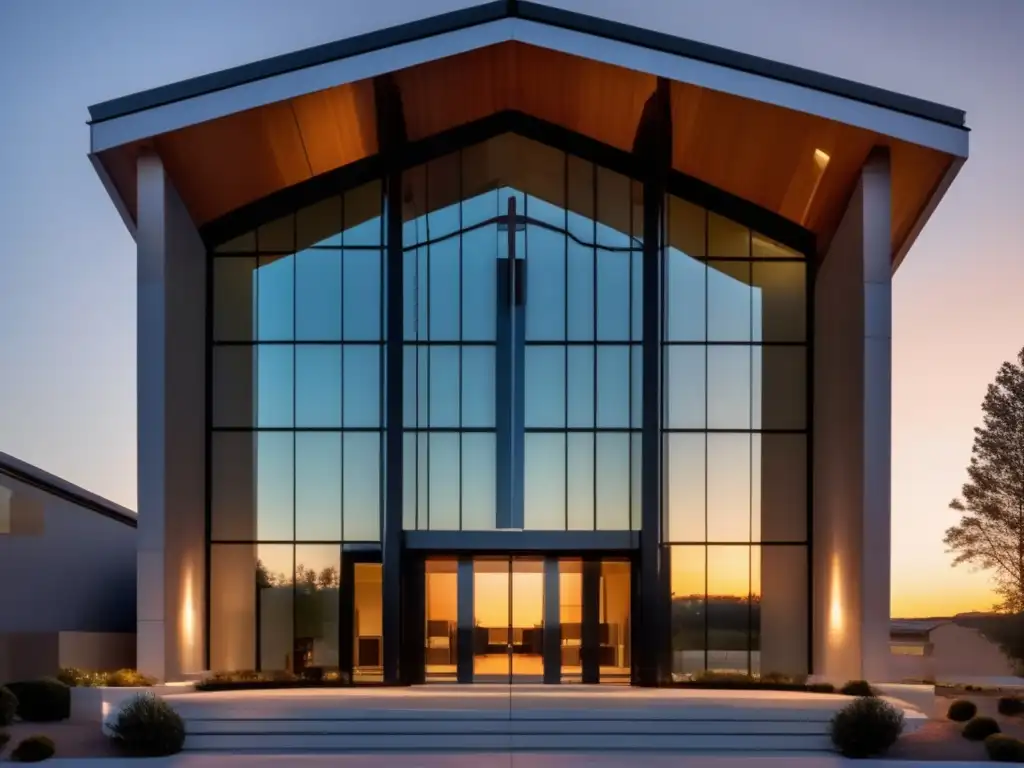 Renovación y esperanza en la Iglesia Católica: moderna iglesia católica bañada por la cálida luz del atardecer, con un diseño arquitectónico elegante y una atmósfera de paz y renovación