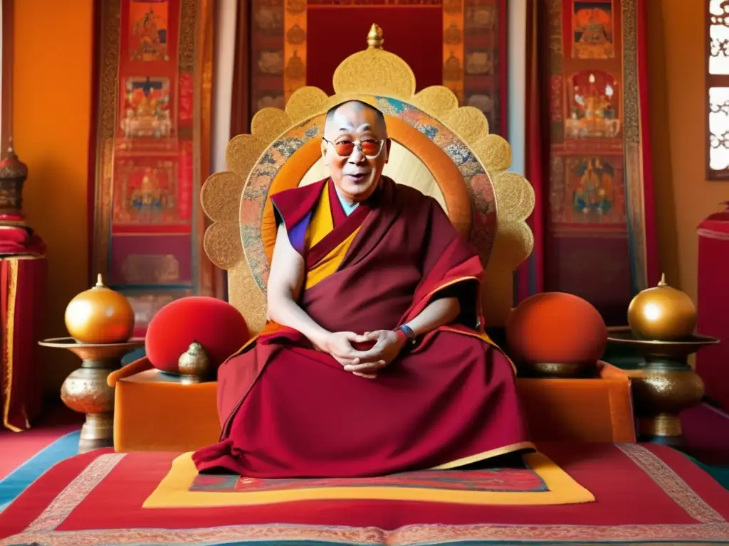 El Dalai Lama, líder espiritual, irradia compasión y sabiduría en su trono rojo y dorado, rodeado de arte tibetano