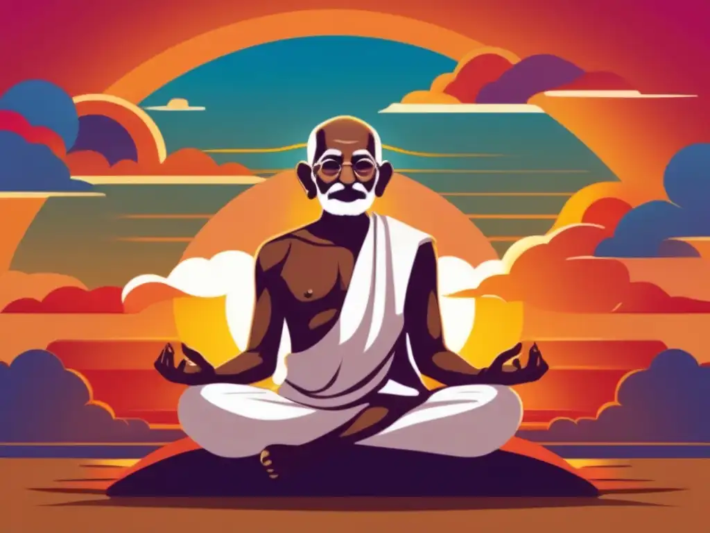 Escena serena: Mahatma Gandhi meditando al amanecer La espiritualidad de Gandhi influencia política: Imagen detallada de Gandhi meditando al amanecer, con una expresión serena y el sol dorado de fondo