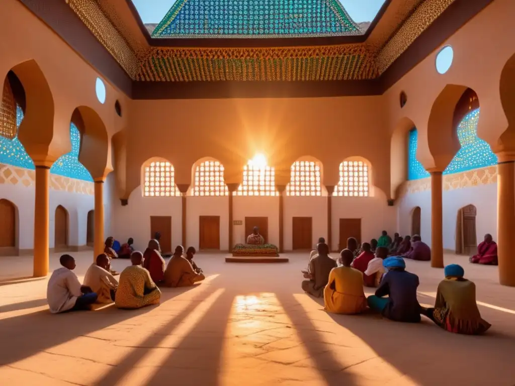 Espléndida escuela Sufí en África, con estudiantes y patrones geométricos