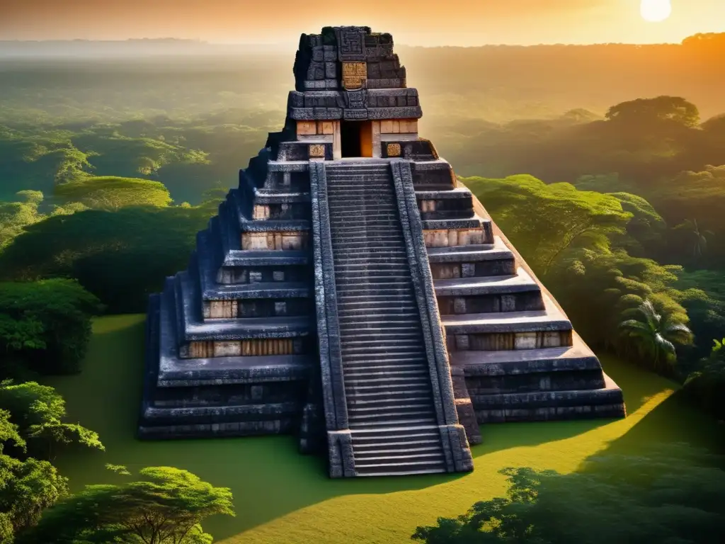 Descifrando el esplendor y colapso maya: imponente templo maya entre la exuberante jungla al atardecer