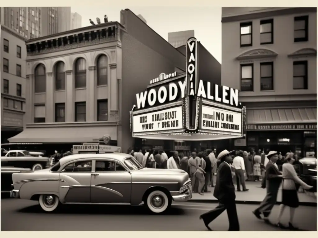 En una esquina bulliciosa de Nueva York, una escena en sepia muestra la influencia de Woody Allen con diversidad y nostalgia urbana