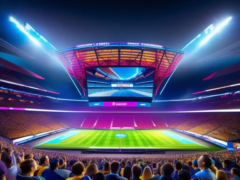 Un estadio deportivo lleno de aficionados animados, pantallas LED vibrantes y una iluminación dinámica que crea un espectáculo visual impresionante