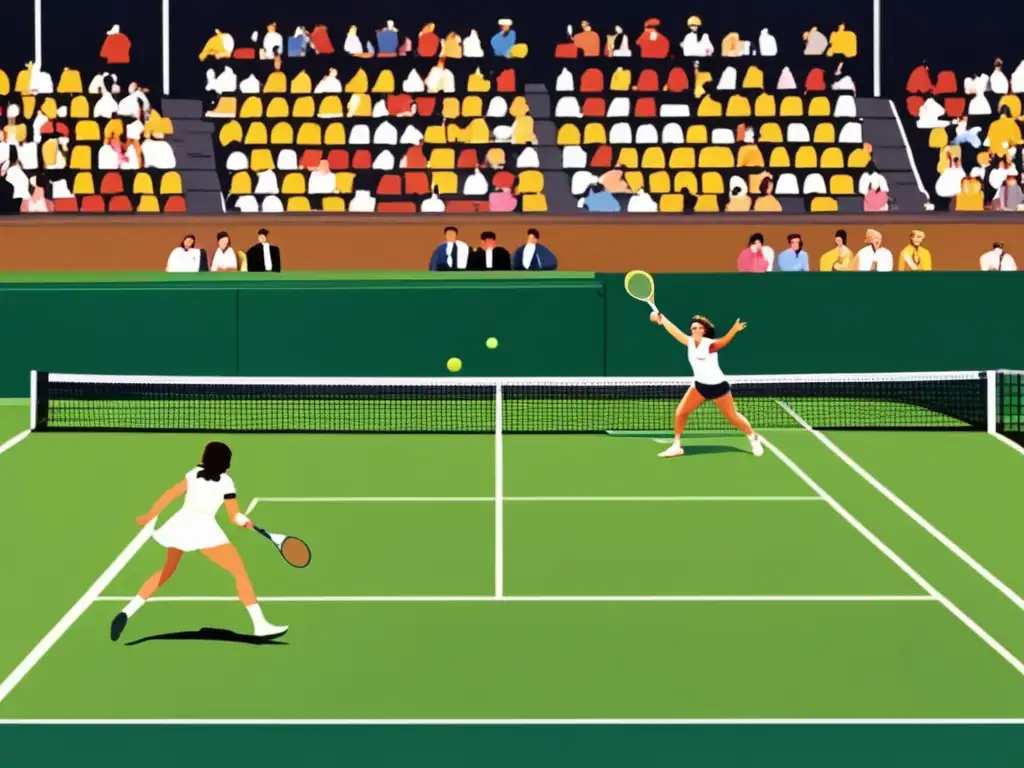En el estadio, Billie Jean King y Bobby Riggs disputan el histórico partido de tenis de 1973