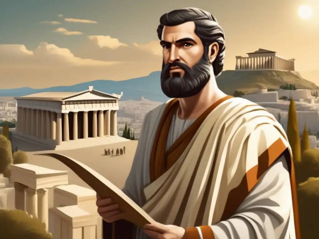 Un retrato detallado de Solón, legislador ateniense, frente a la Acrópolis- Solón, el estadista ateniense, con túnicas griegas, sostiene un pergamino frente al Partenón