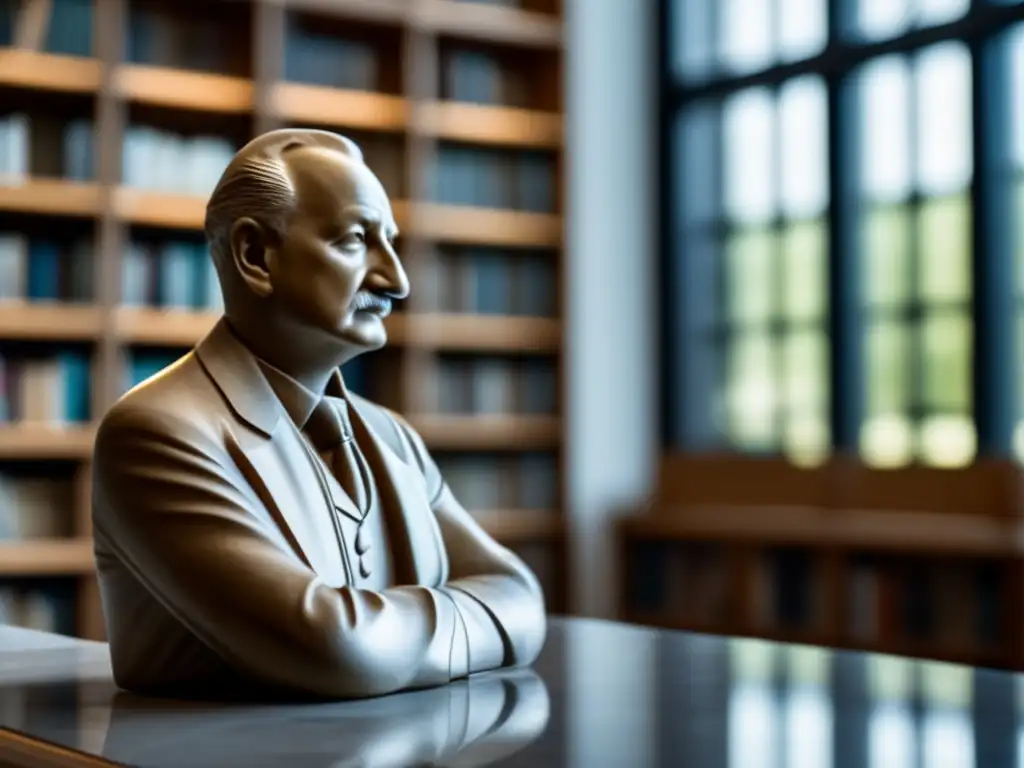 Una estatua de mármol de Martin Heidegger en una biblioteca minimalista, iluminada por luz natural, capturando su pose contemplativa