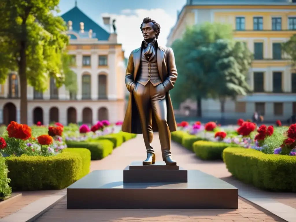 Una estatua de bronce moderna de Alexander Pushkin en una plaza pública, rodeada de vegetación exuberante y flores vibrantes