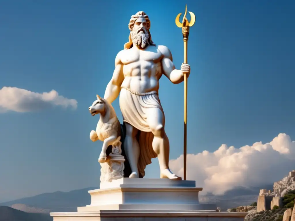 Una estatua de mármol de Zeus, rey de los dioses en la antigua religión griega, en el Monte Olimpo