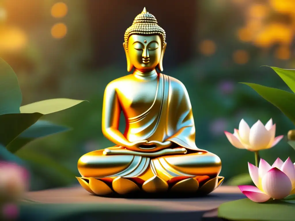 Estatua dorada de Buda en la serenidad del jardín Una estatua dorada de Siddharta Gautama en posición de loto, rodeada de exuberante vegetación y flores vibrantes