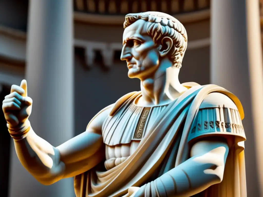 Estatua de mármol de Julio César líder militar y político, en el Foro Romano, con sombras dramáticas y detalles intrincados