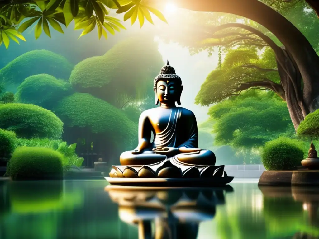 Majestuosa estatua de Buda: serenidad y sabiduría en un entorno idílico Una estatua majestuosa de Buda rodeada de detalles arquitectónicos, en un entorno sereno y verde