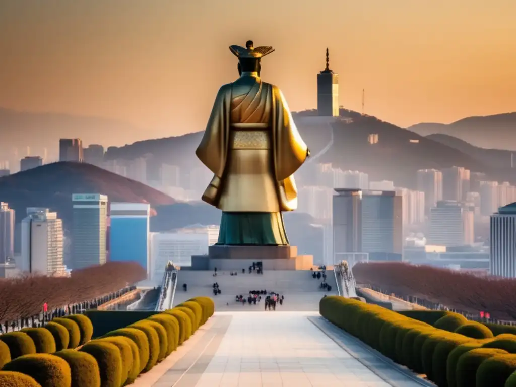 La majestuosa estatua del Rey Sejong: legado eterno en Seúl Estatua majestuosa de Sejong el Grande en Seúl, Corea del Sur, bañada en cálida luz solar, contrastando con los rascacielos modernos