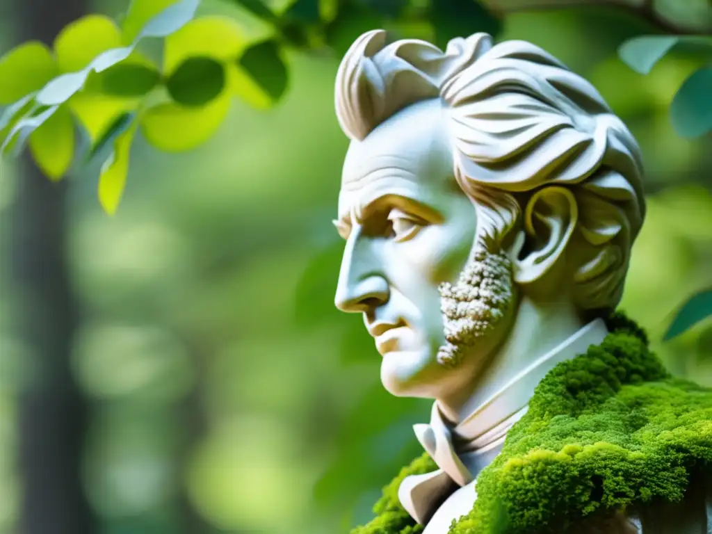 Una estatua de piedra antigua de Søren Kierkegaard, rodeada de follaje verde, con expresión contemplativa y cubierta de musgo y líquenes