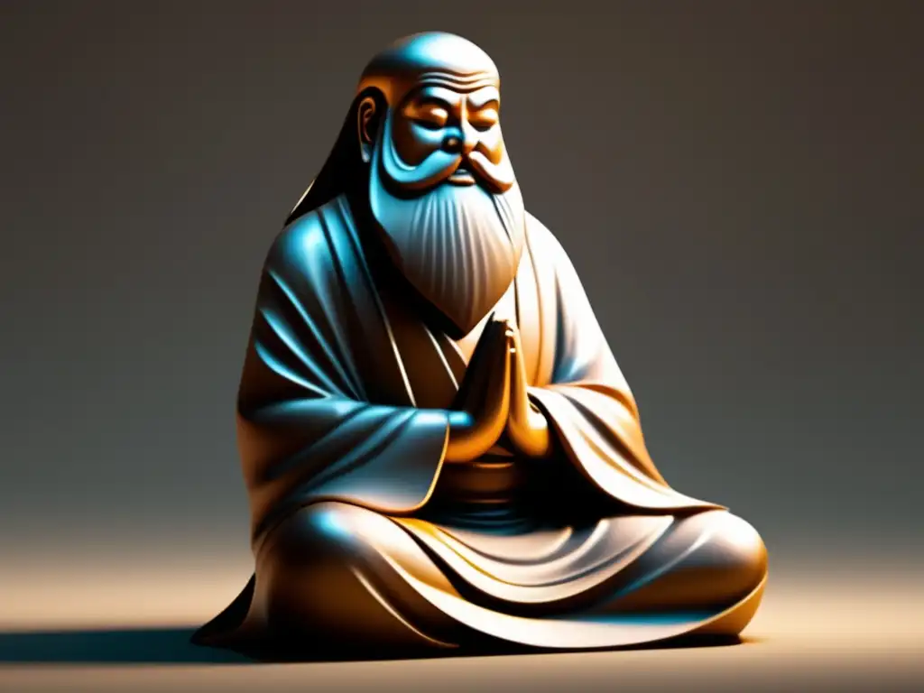 Una estatua serena y elegante de Bodhidharma en estilo moderno y minimalista, con detalles intrincados y una atmósfera tranquila