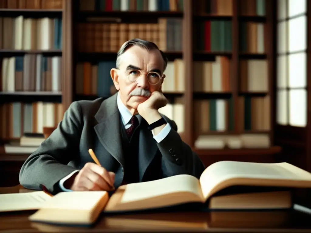 Una fotografía de alta resolución con estilo moderno de Thomas Mann en su escritorio rodeado de libros y papeles