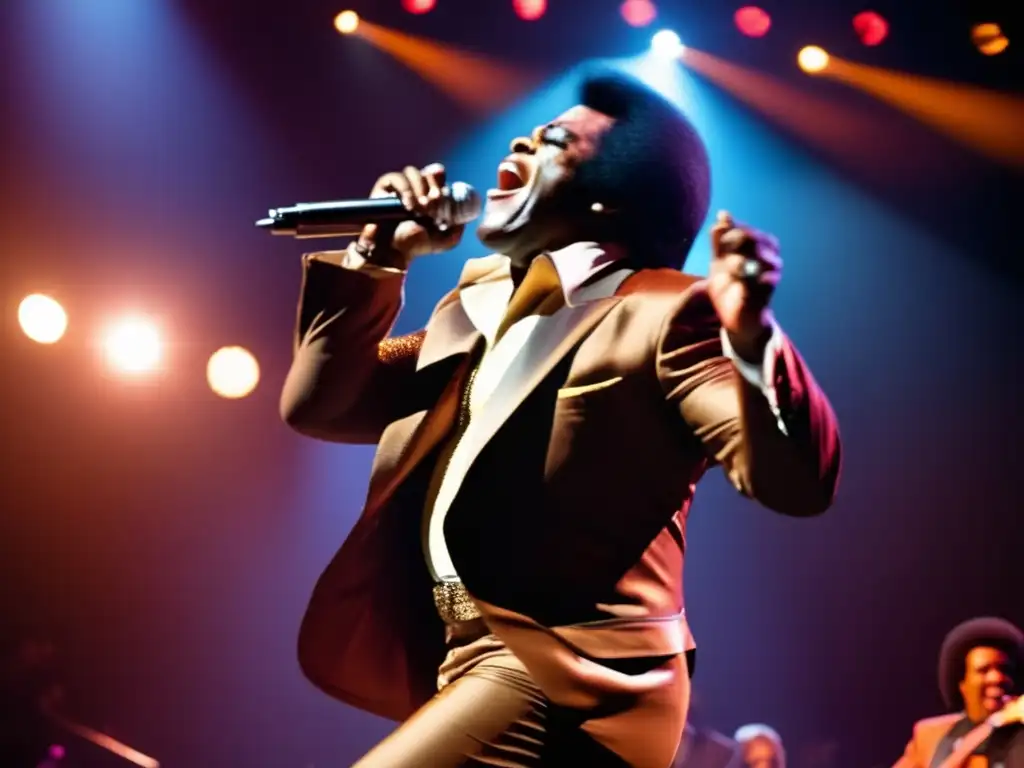 Una fotografía de alta resolución y estilo moderno que captura a James Brown actuando en uno de sus icónicos conciertos de soul