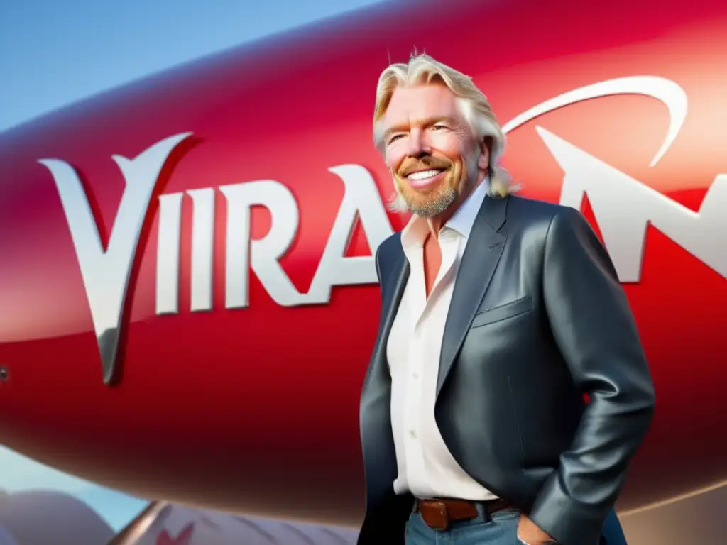 Una fotografía de alta resolución y estilo moderno de Richard Branson, con el logotipo de Virgin Group de fondo