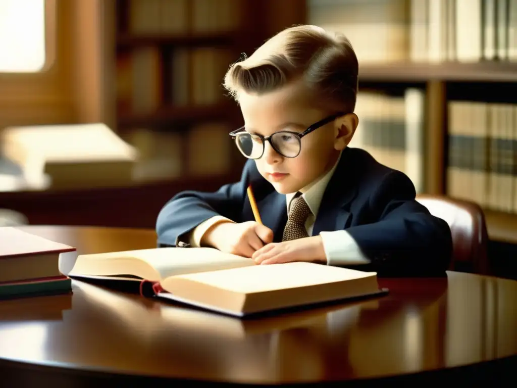 Una fotografía de alta resolución con un estilo moderno de Paul Samuelson de niño, concentrado leyendo un libro en su escritorio