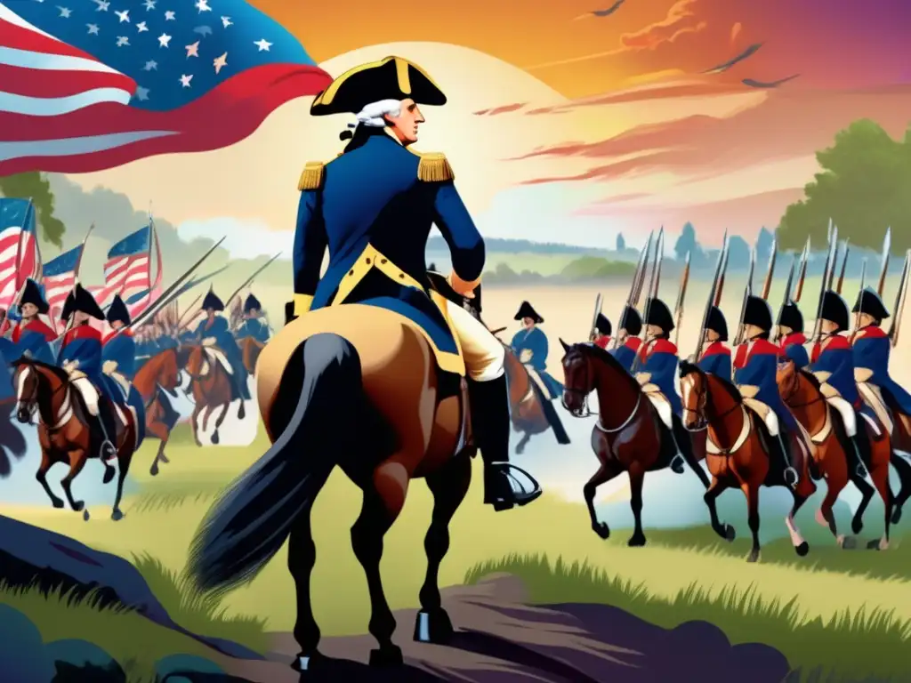 George Washington lidera una estrategia en la Revolución Americana, con soldados y paisaje vibrantes