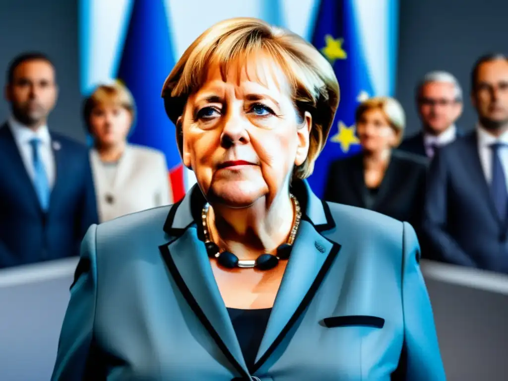 Angela Merkel liderando estrategia ante crisis financiera en Europa, junto a líderes europeos frente a la bandera de la Unión Europea