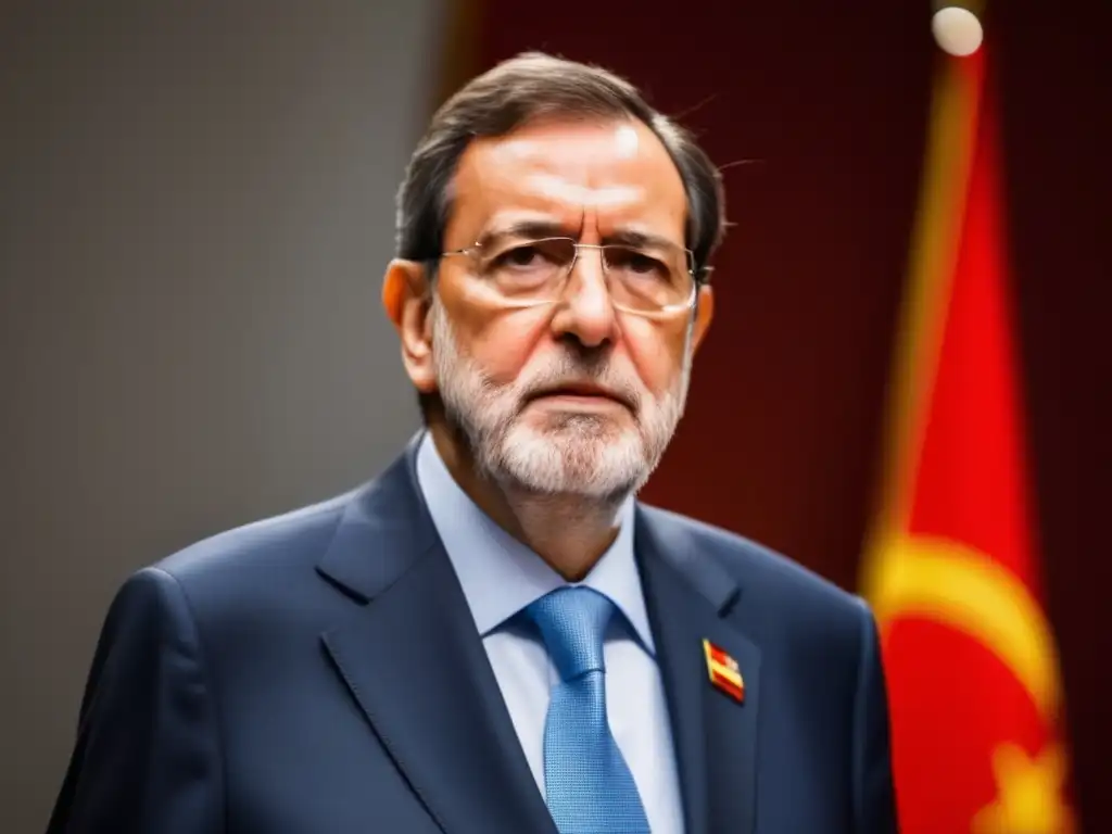 Mariano Rajoy liderando con determinación la estrategia económica para abordar la crisis en España, con la bandera de fondo